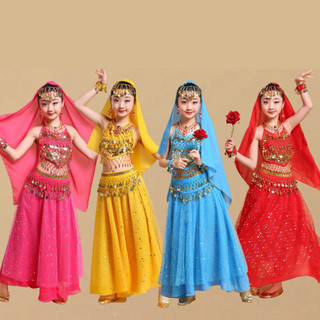 Fantasia de dança do ventre infantil com lantejoulas, traje indiano para apresentação, conjunto de 4 peças para o Dia da