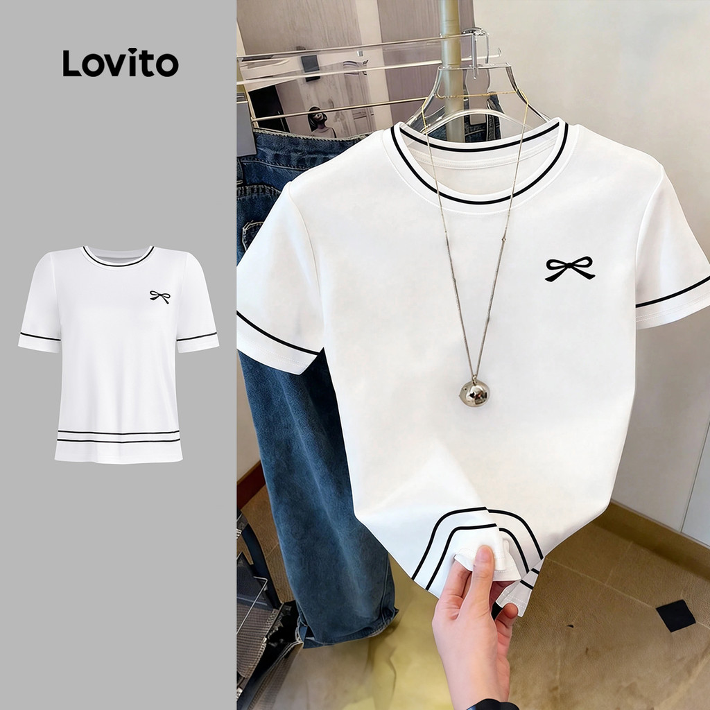Lovito Camiseta Casual com Padrão Colorido de Laço Primavera/verão Branca para Mulheres L196LD010