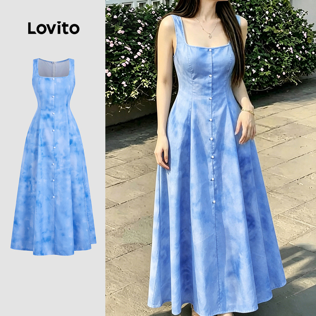 (New Arrival) Lovito Vestido Casual Azul de Primavera/verão para Mulheres com bo