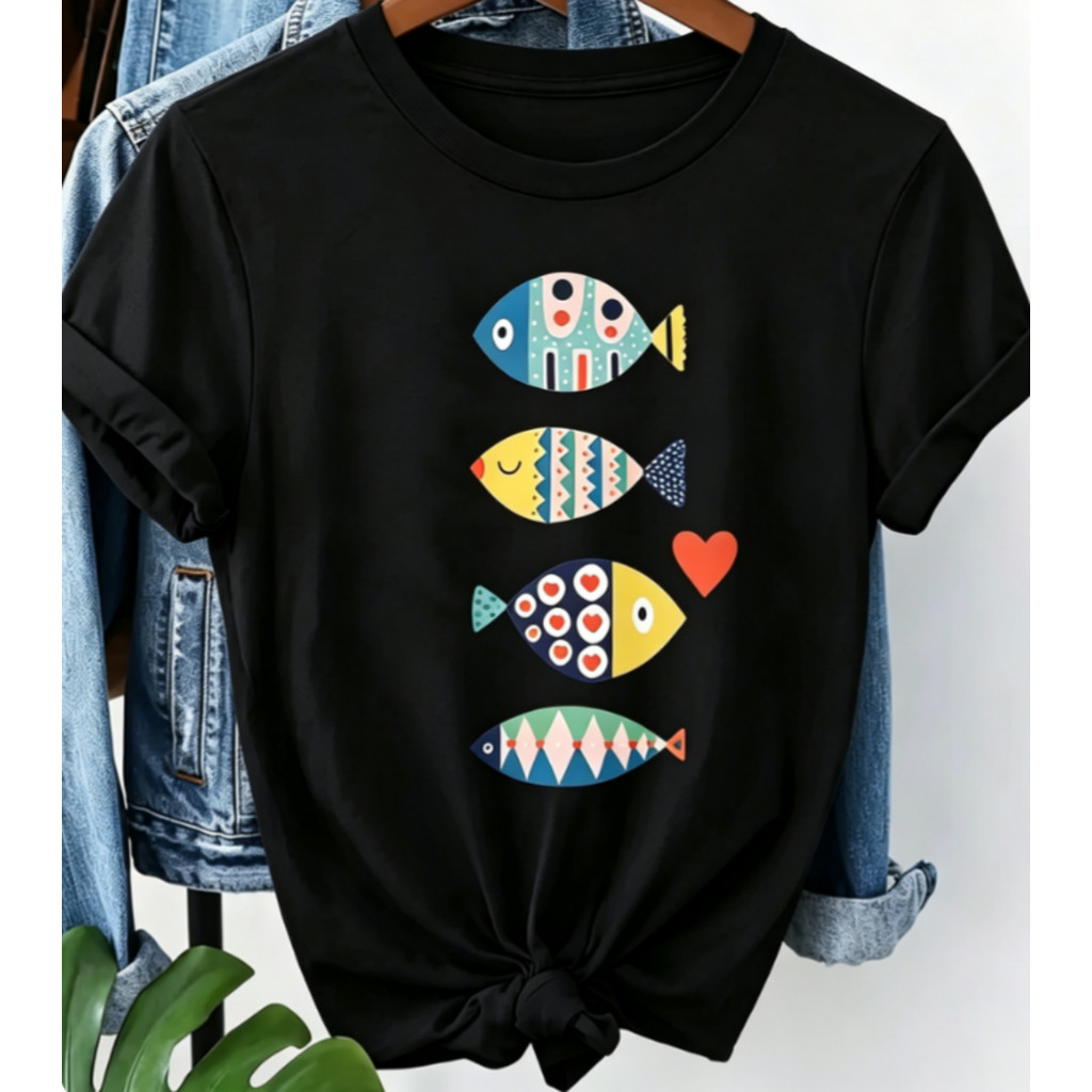 Camiseta Feminina 100% Algodão Modelo Solta Estampa De Peixes Coloridos Com Coração Para Uso Diário Confortável