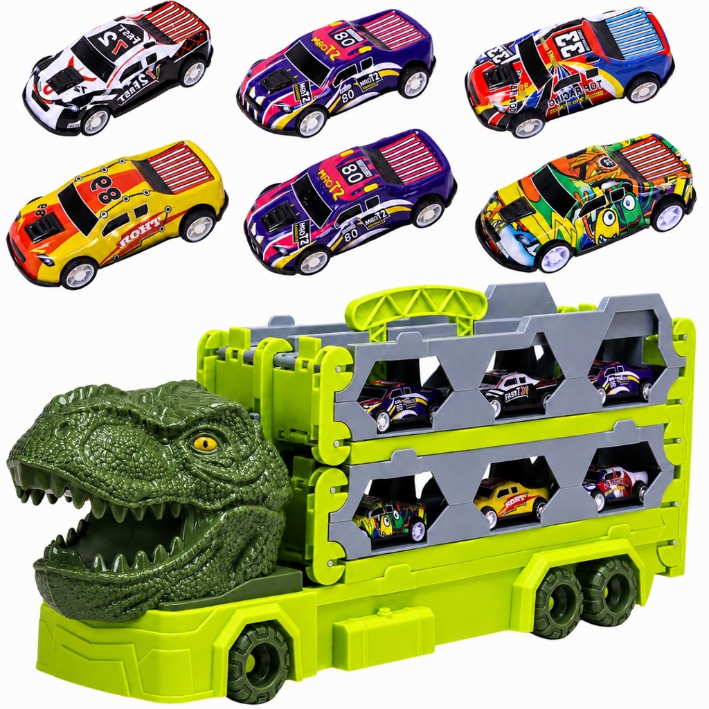Caminhão Dinossauro que Vira Pista com 6 Carrinhos Pull Back Brinquedo Infantil