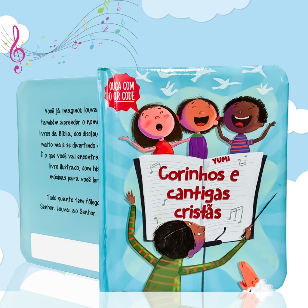 Livro Infantil Musical Corinhos e Cantigas Cristãs |14 Musicas Com Qr Code Ensinamentos Bíblia Capa Dura 0 a 8 anos