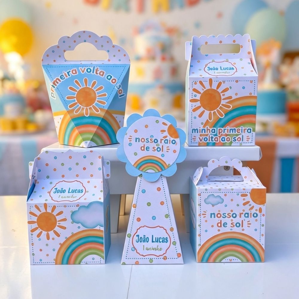 Kit Festa Caixinhas MINHA PRIMEIRA VOLTA AO SOL  lembrancinhas personalizadas para aniversario infantil decoração mimos