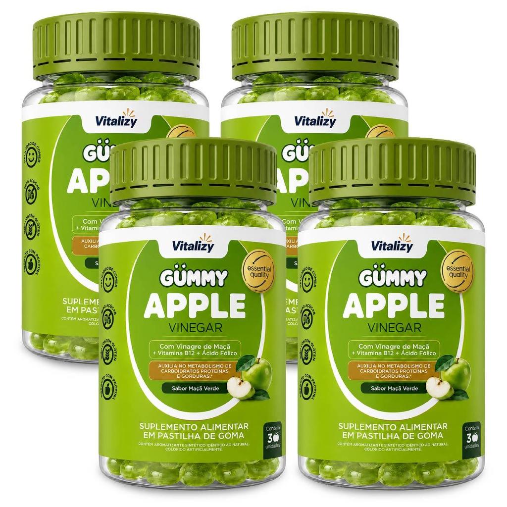 Kit 4x30 Gummy Vinagre de Maçã em Gomas Apple Cider Vinegar Zero Açúcar Sabor Maçã Verde Vitalizy