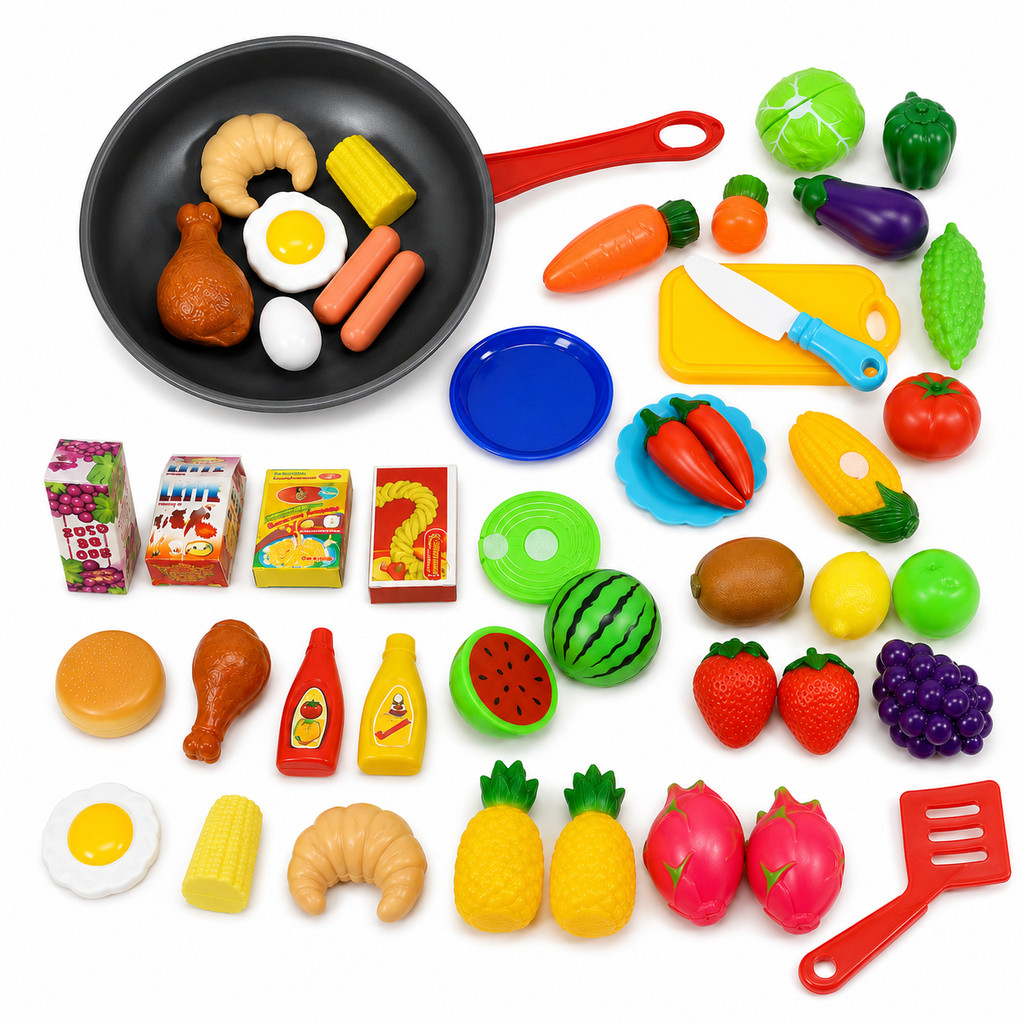 Kit Brinquedo Comidinhas Cozinha e mercadinho Frutas, Legumes e acessórios C/ Frigideira