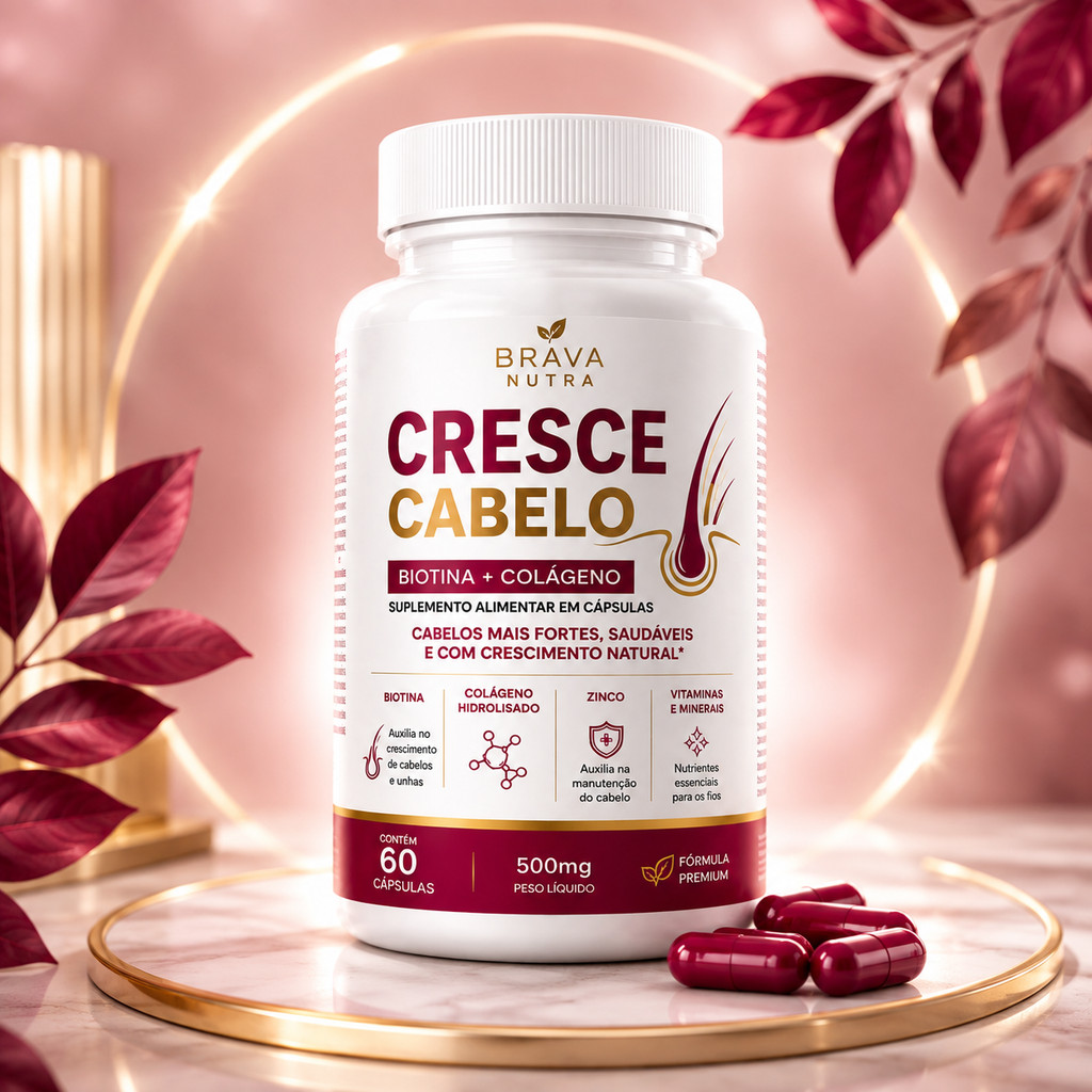 Cresce Cabelo 60 Cápsulas | Biotina + Colágeno + Zinco | Brava Nutra | Envio Imediato