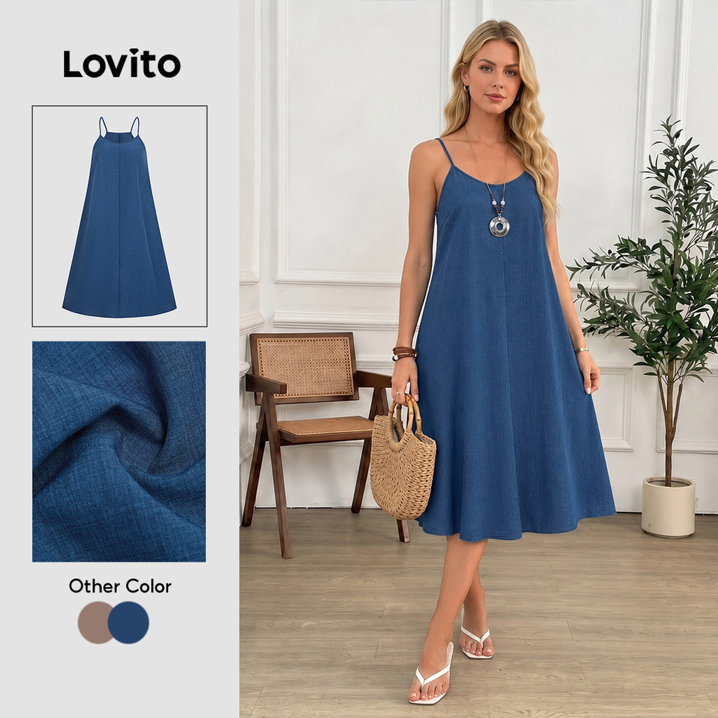 Lovito Casual Vestido Azul de Primavera/verão e de Lazer com Bolso para Mulheres