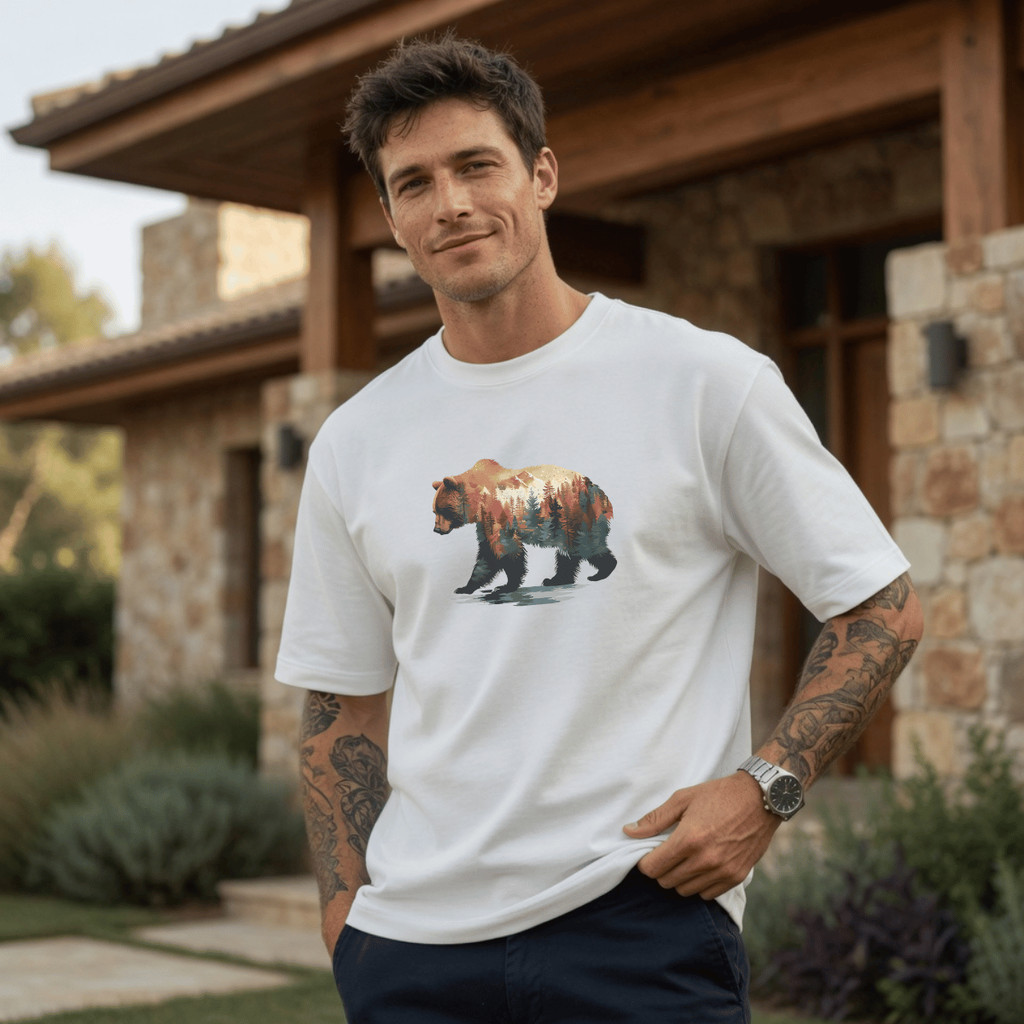 Camiseta Masculina Estampada Urso Floresta 100% Algodão Premium Camisa Blusa Homem Academia Confortavel Plus Size