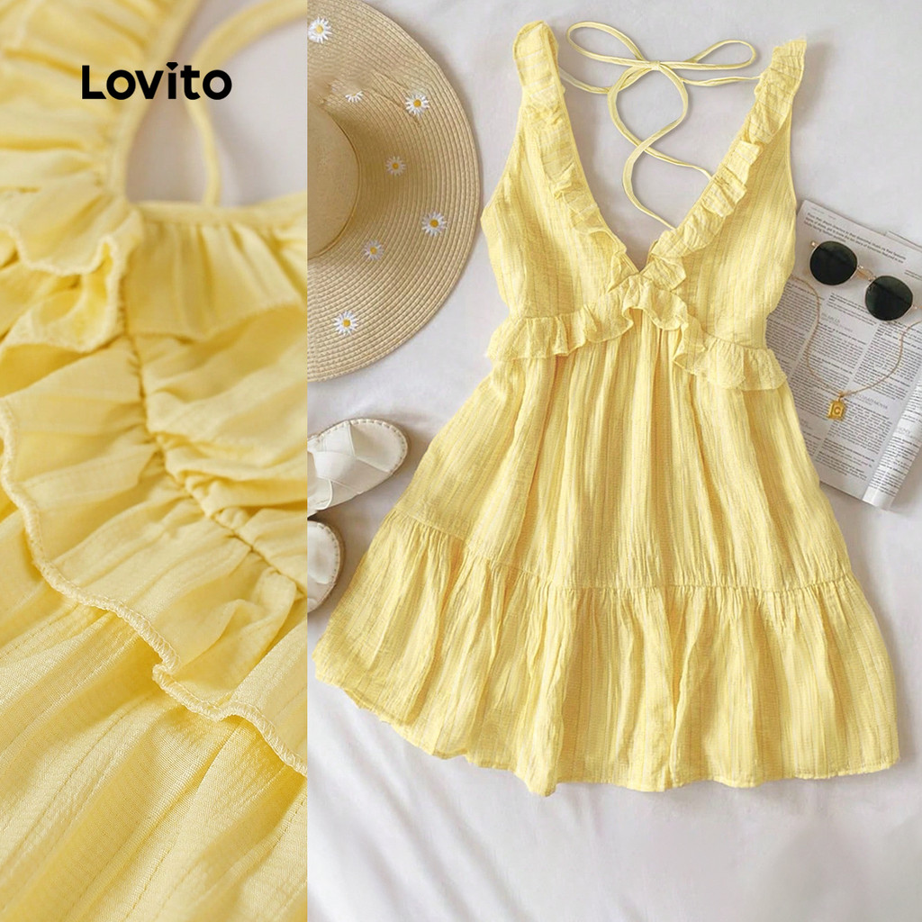 Lovito Casual Vestido Fofo com Babados e Ilhós Primavera/verão Amarelo para Mulh