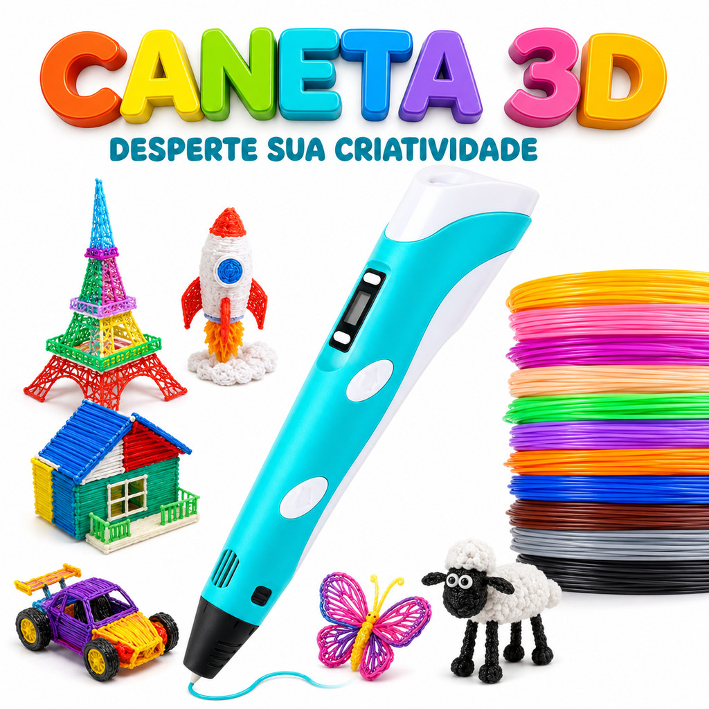 Caneta 3D Infantil Impressora com Tela LCD + Filamentos PLA ABS Desenho DIY Educativa