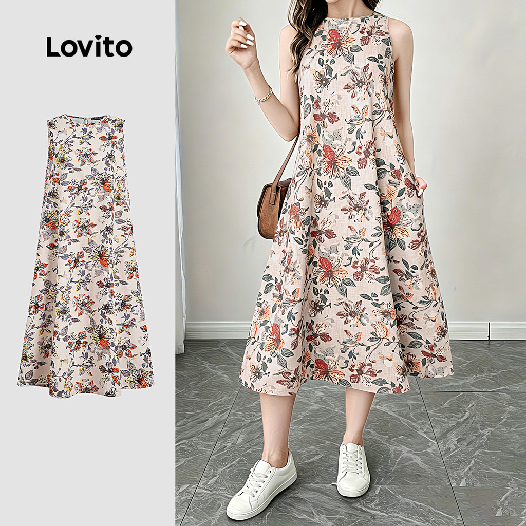 (New Arrival) Lovito Vestido Casual Estampado de Lazer Estilo Resort Verão para