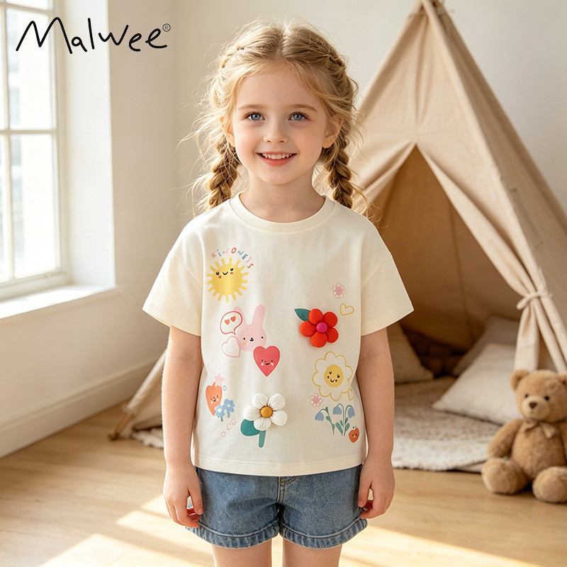 Roupas infantis Malwee para meninas, modelo novo e estiloso de verão para crianças pequenas, camiseta casual de manga cu