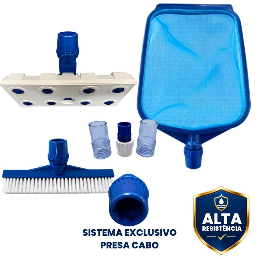 Kit Limpeza Piscina Completa Peneira Cata Folha Aspirador Esfera Escova Reta Adaptadores