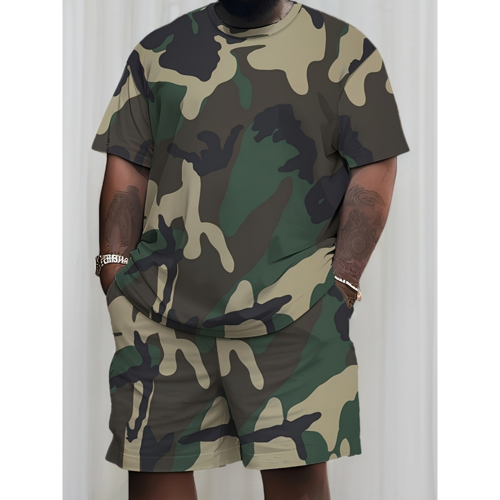 Conjunto de 2 peças-conjunto de Shorts de camiseta estampada masculina de tamanho grande, estilo moderno exclusivo, fibr