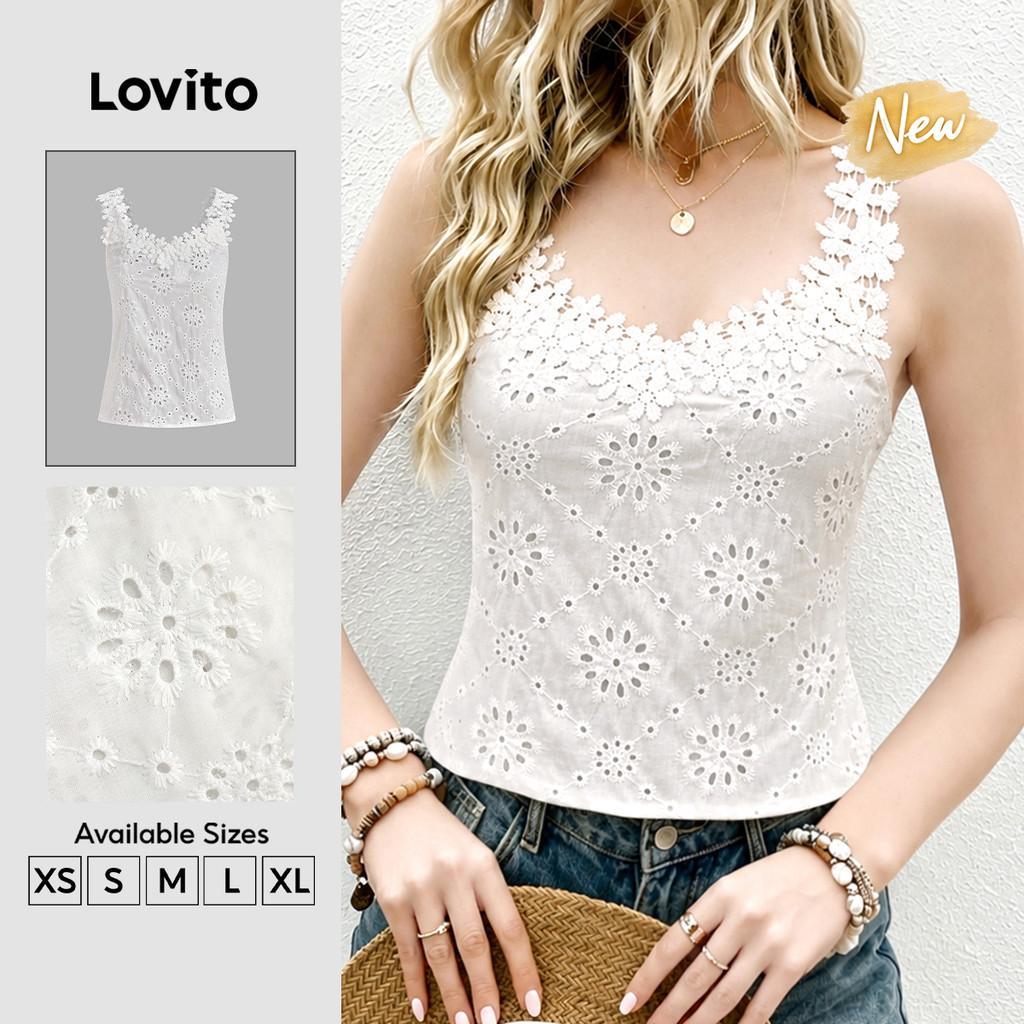 (New Arrival) Lovito Top Boho com Bordado de Ilhós Babados Exagerados Estilo Resort Primavera/verão Branco Off para Mulheres TKB202P2D065