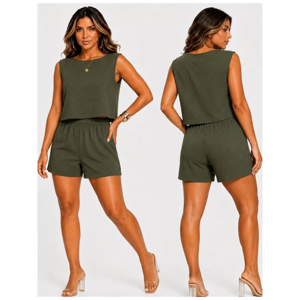 Conjunto Feminino Cropped + Short Duna Premium Verão Casual 2 Peças