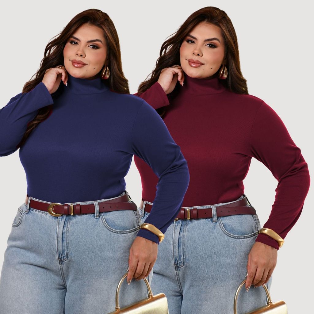 Kit 2 Blusa Feminina Plus Size Gola Alta Cacharrel Manga Longa Ribaninha Canelada