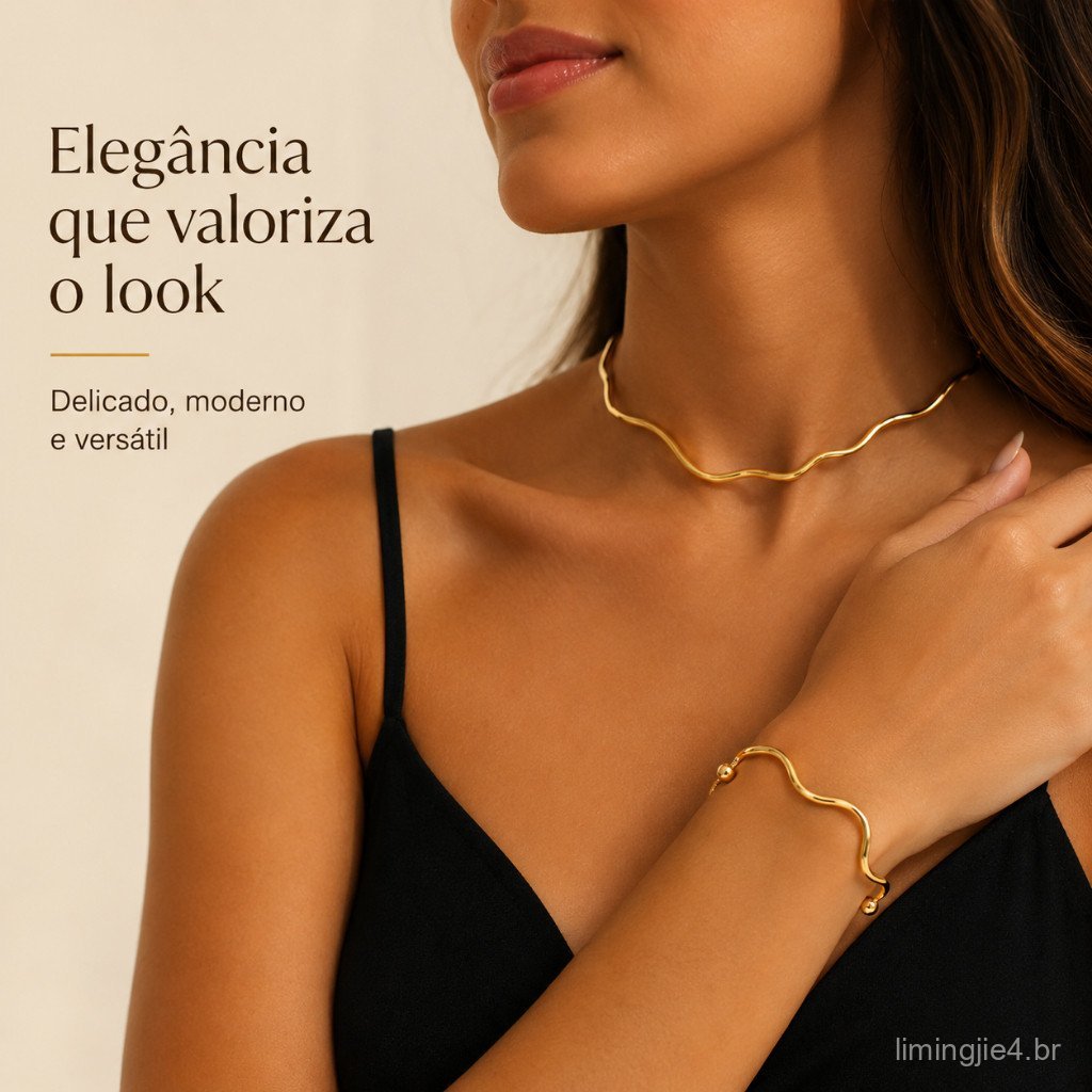 Choker e Pulseira Aro Ondulado – Folheado Dourado – Feminino Ajustável e antialérgico