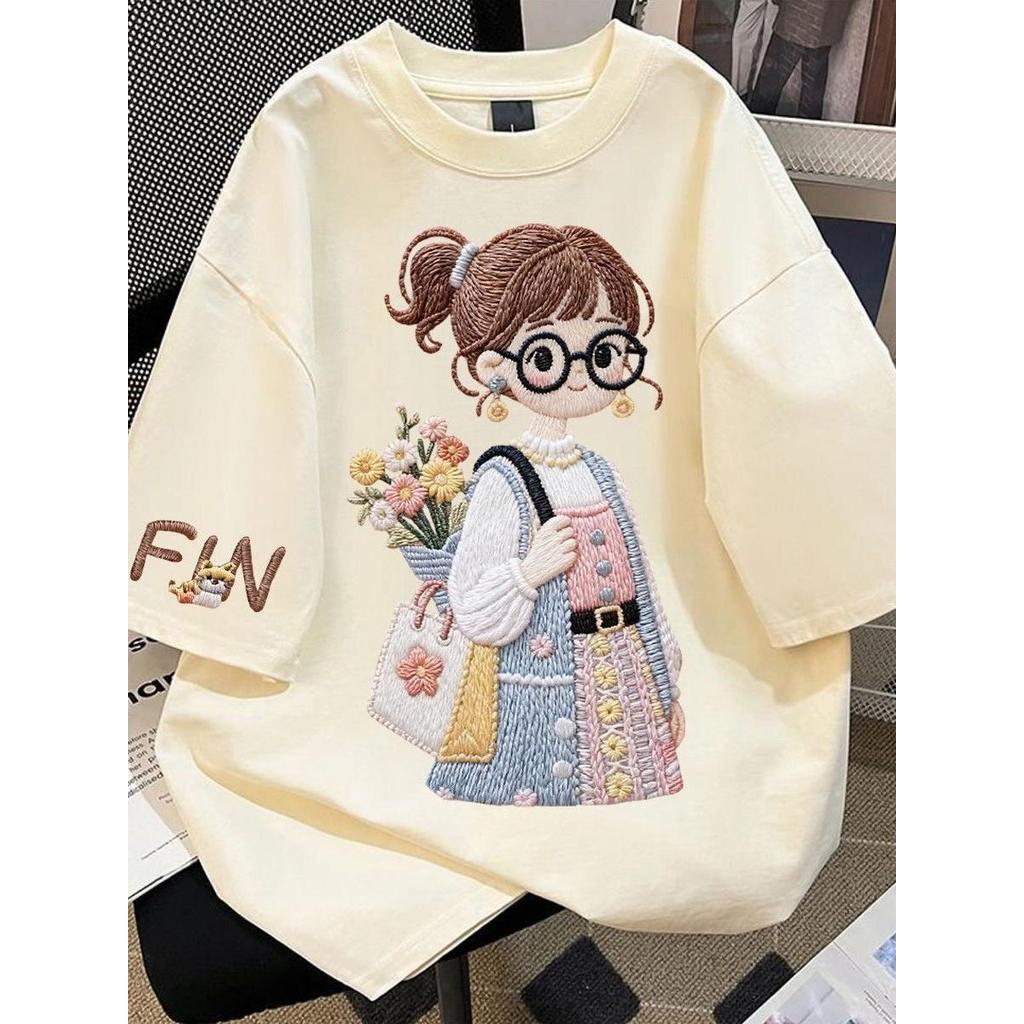 Meninas puro algodão de manga curta camiseta 2026 novo estilo verão solto estilo ocidental meninas Anti-bordado crianças