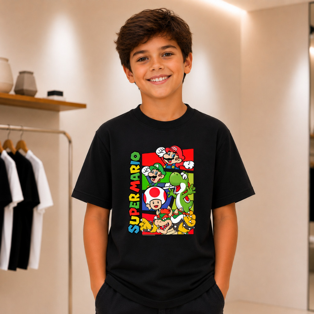Camiseta Masculina Infantil Personagem Super Mario 100% Algodão Camisa Básica Gamer Mario Presente Dia Das Crianças