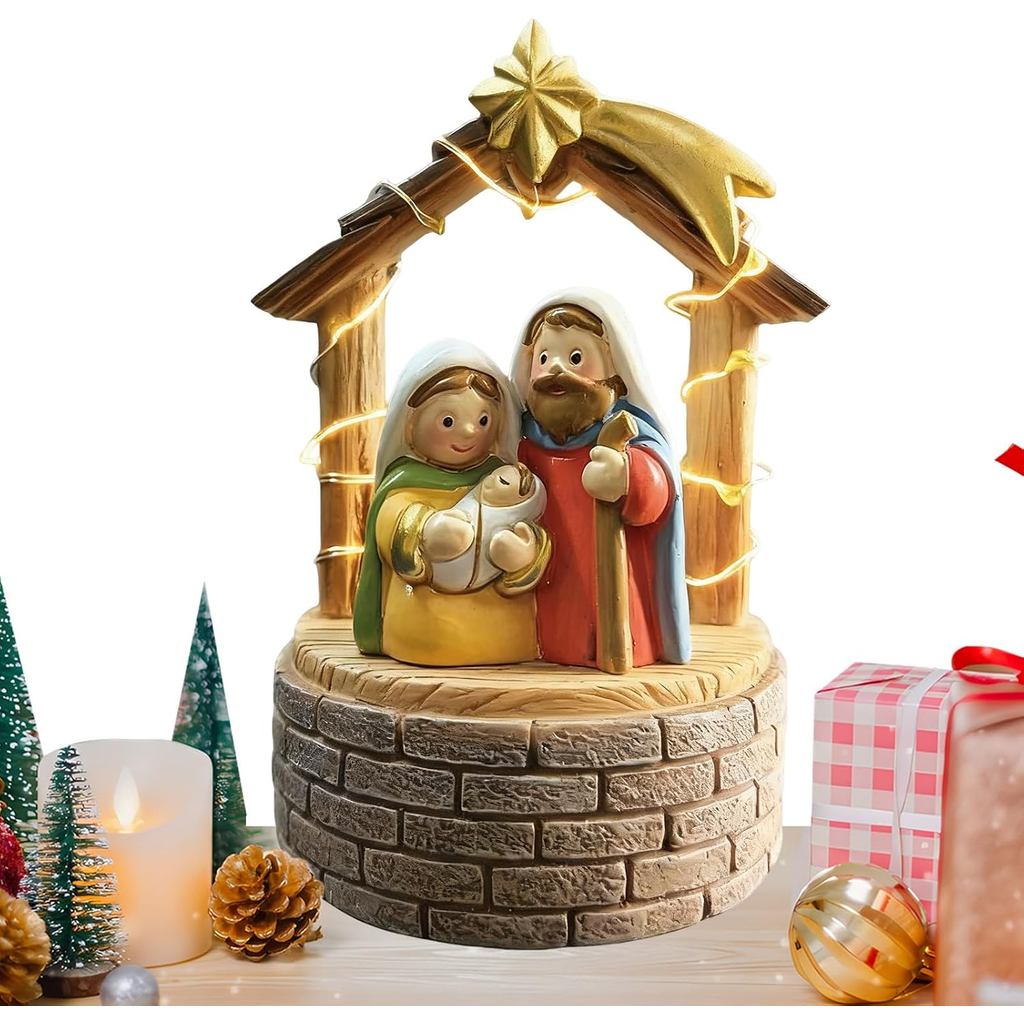 Estatueta De Resina LED Natividade Sagrada Família De 11.5 Cm-Mini Manjedoura Com Luz Estrela Dourada , Destaque De Mesa