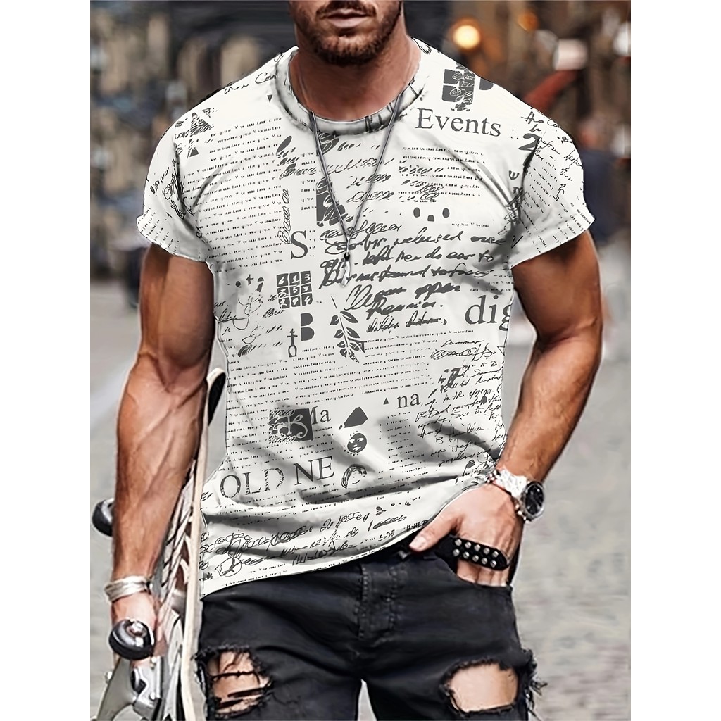 Camiseta masculina com estampa de jornal suave retrô, roupas de verão, Tops masculinos com estampa Digital 3D, roupas ma