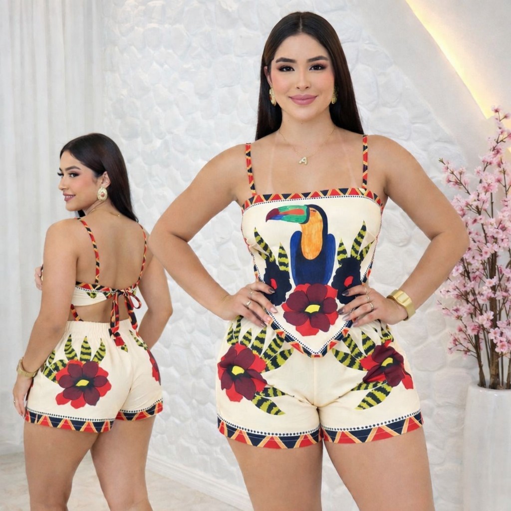 Conjunto feminino  tropical estilo bandana, conjunto 2 peças short e Cropeed