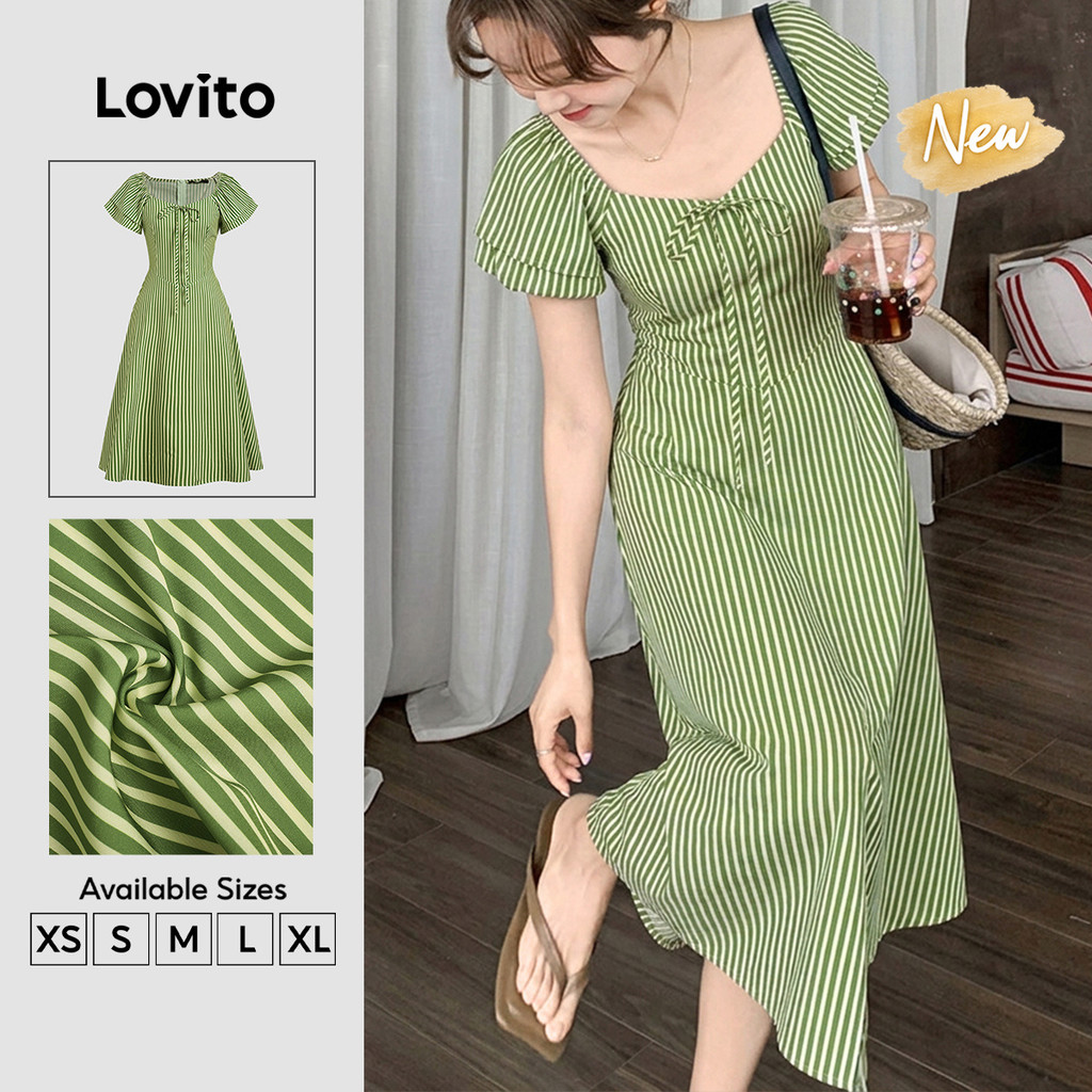 (New Arrival) Lovito Vestido Verde Elegante Listrado Com Amarração E Babados Para Trabalho Primavera Verão Feminino DRB202P2D574