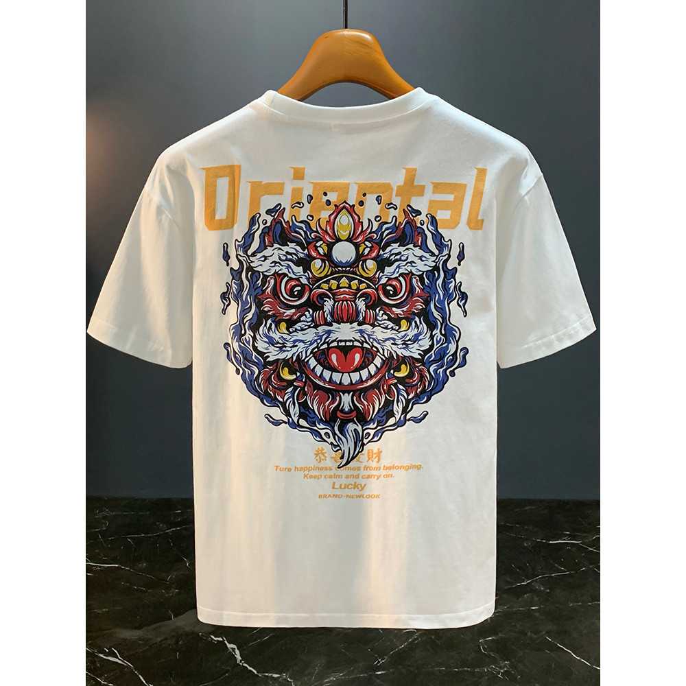 Street Wear pesado impresso camiseta de manga curta masculina 2026 verão novo estilo nacional na moda leão-despertar Lo