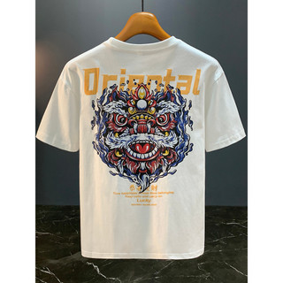 Street Wear pesado impresso camiseta de manga curta masculina 2026 verão novo estilo nacional na moda leão-despertar Lo