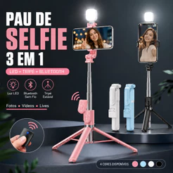 Pau de Selfie 3 em 1 com LED Tripé Bluetooth Controle Remoto para Celular