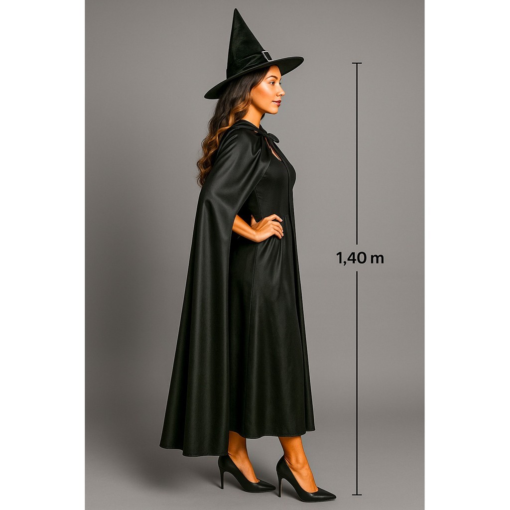 Fantasia de Bruxa Halloween com Capa Preta e Chápeu Terror Festas Carnaval Envio Rapido — imagem 2 de 2
