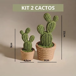 Kit Cactos Decorativos 3D com Vaso Tricô – Decoração para sala – Escritório Minimalista e Moderna