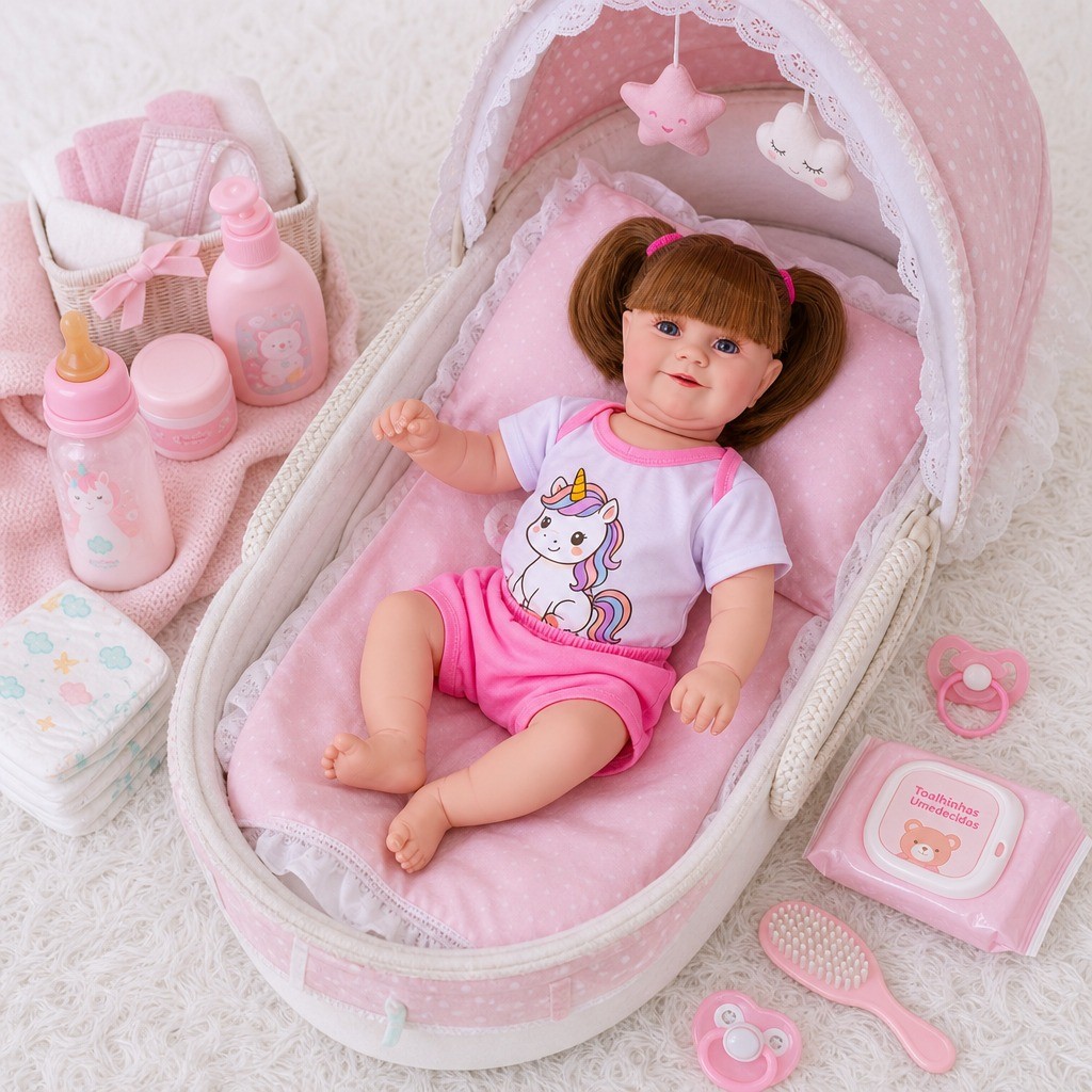Boneca Bebê Reborn Unicórnio Menina Realista de Silicone Original Pode Dar Banho Com Bolsa Maternidade