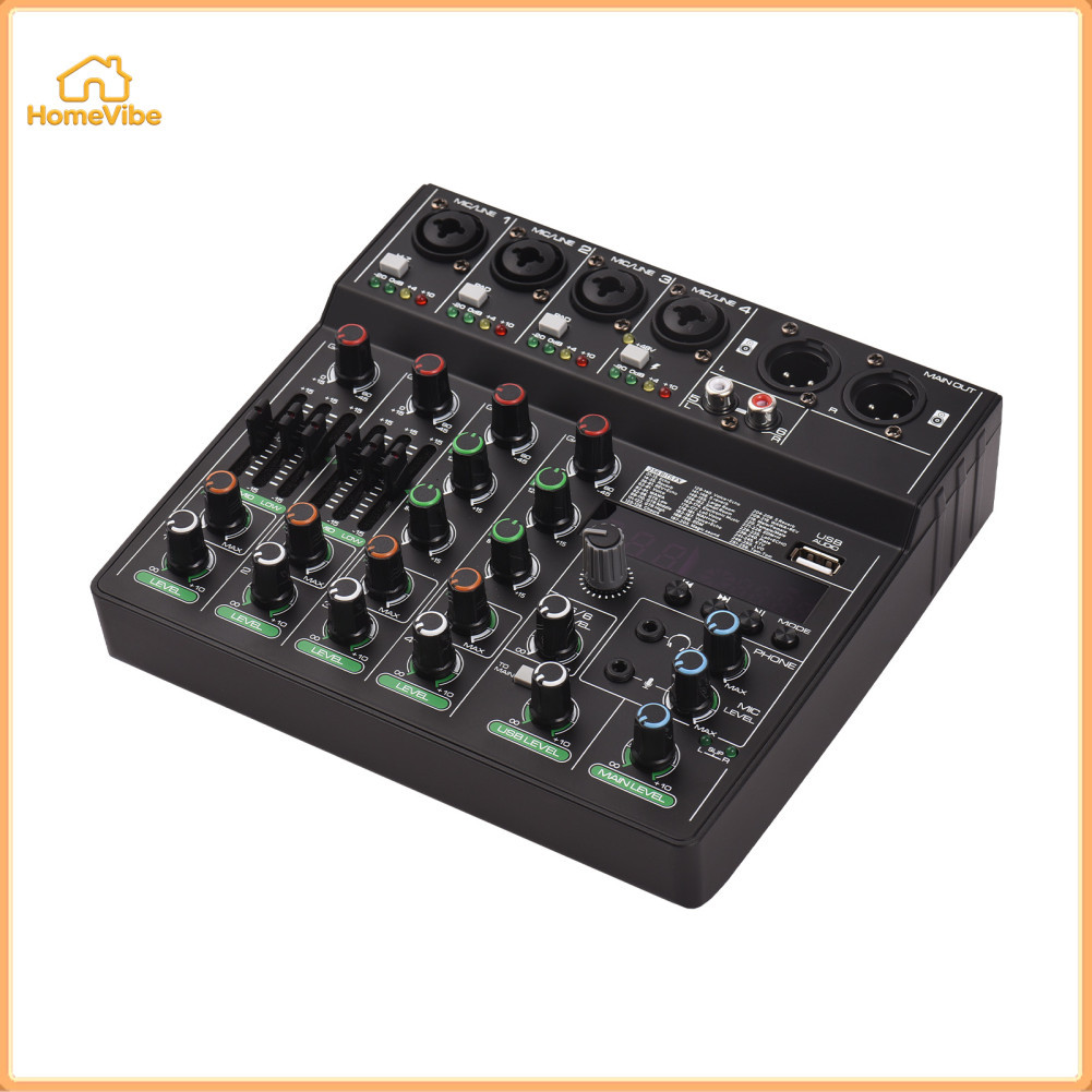 HomeVibe Placa de mixagem de DJ Console de mixagem compacto de 6 canais com 4 entradas XLR / LINE Chave de alimentação