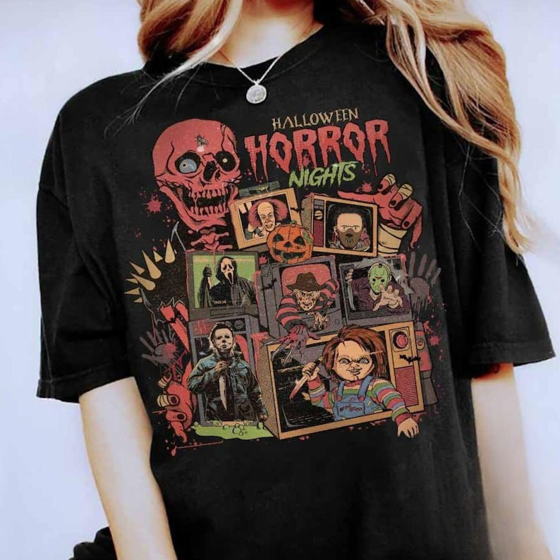 Camiseta Masculino Feminino Fofo Camisa Noites De Terror De Halloween Personagens De Terror Algodão Premium