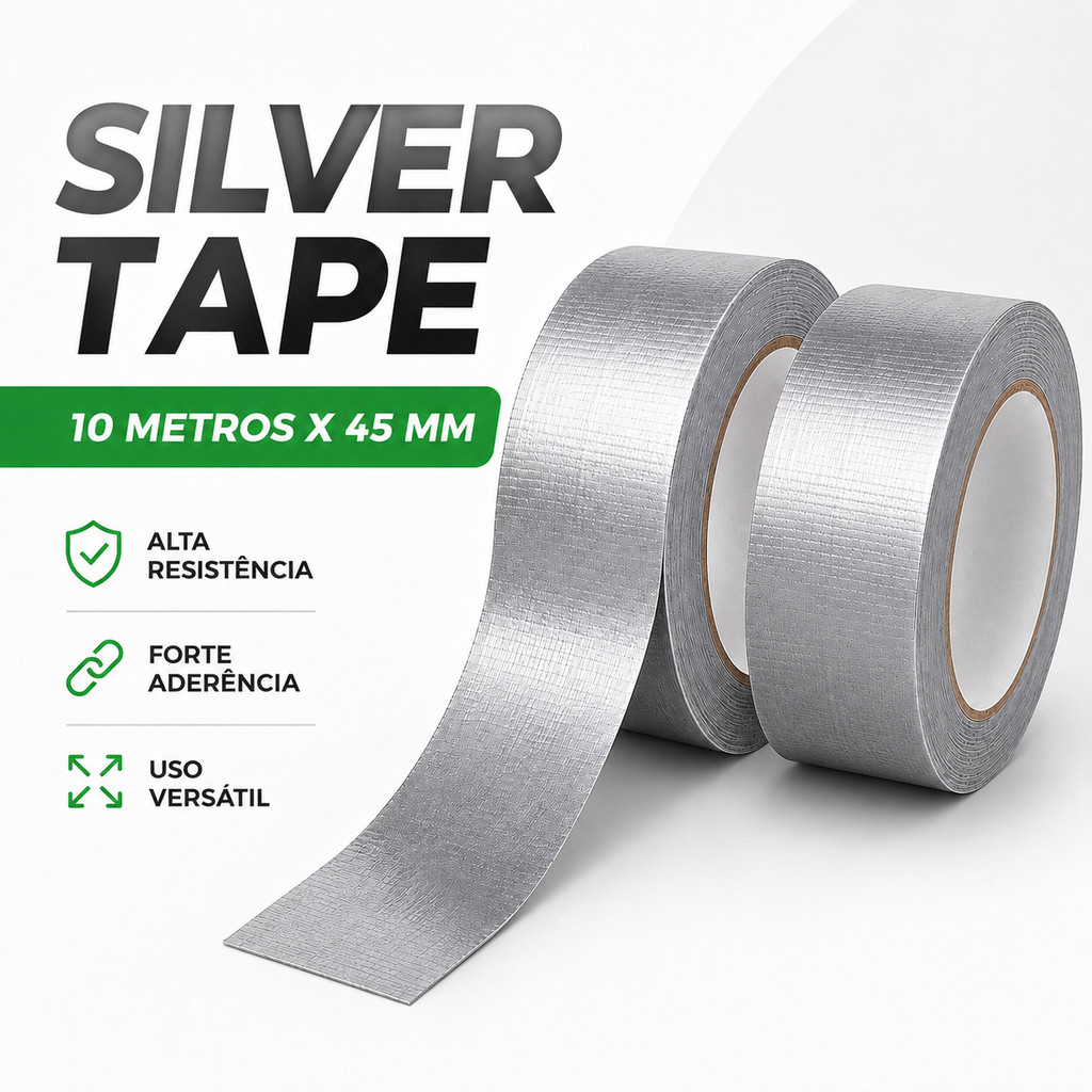 Fita Silver Tape 10 Metros x 45mm Cinza Extra Forte Multiuso Para Reparo Conserto Fixação e Vedação