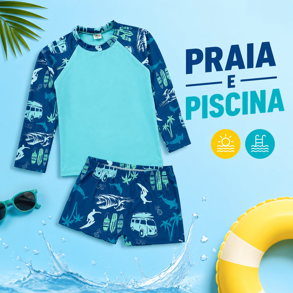 Conjunto Praia Menino Infantil Proteção Uv +50 2 Peças