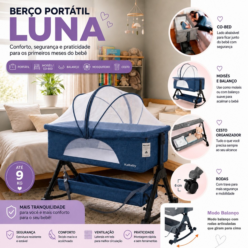 Berço Portátil Moises Co-bed Até 9 kg C/ Balanço Mosquiteiro e Cesto Luna Azul - KaBaby