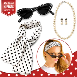 Kit C/ 04 Acessórios Cosplay Audrey Hepburn Acessórios de Festa Anos 50/60 Retrô Com Óculos Lenço Colar Brinco