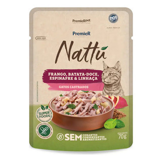 Sachê Premier Nattu Gatos Castrados Adulto Sabor Frango, Batata-Doce 70g