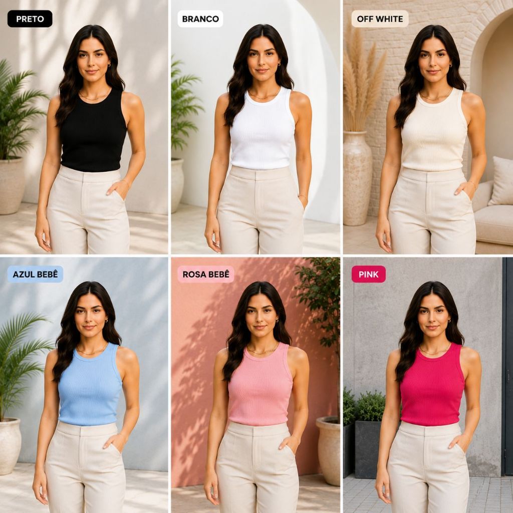 Kit 5 Blusas Regatas Femininas Ribana Canelada Básica com Elastano Kit Casual Confortável