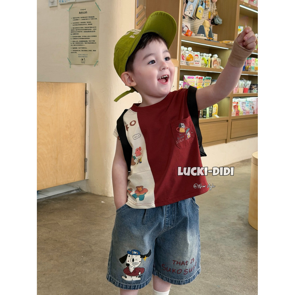 LUCKI crianças roupas infantis coreanas 2026 verão meninos desenhos animados costura contraste cor sem mangas camiseta n