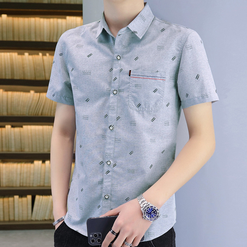 Camisas masculinas de manga curta de verão, camisas casuais de negócios para jovens com bolsos, camisas finas estampadas