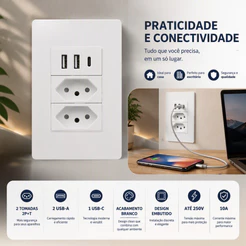 Tomada de Parede 2P+T com 2 USB + USB-C Embutida 10A 250V Branca para Quarto Escritório Casa