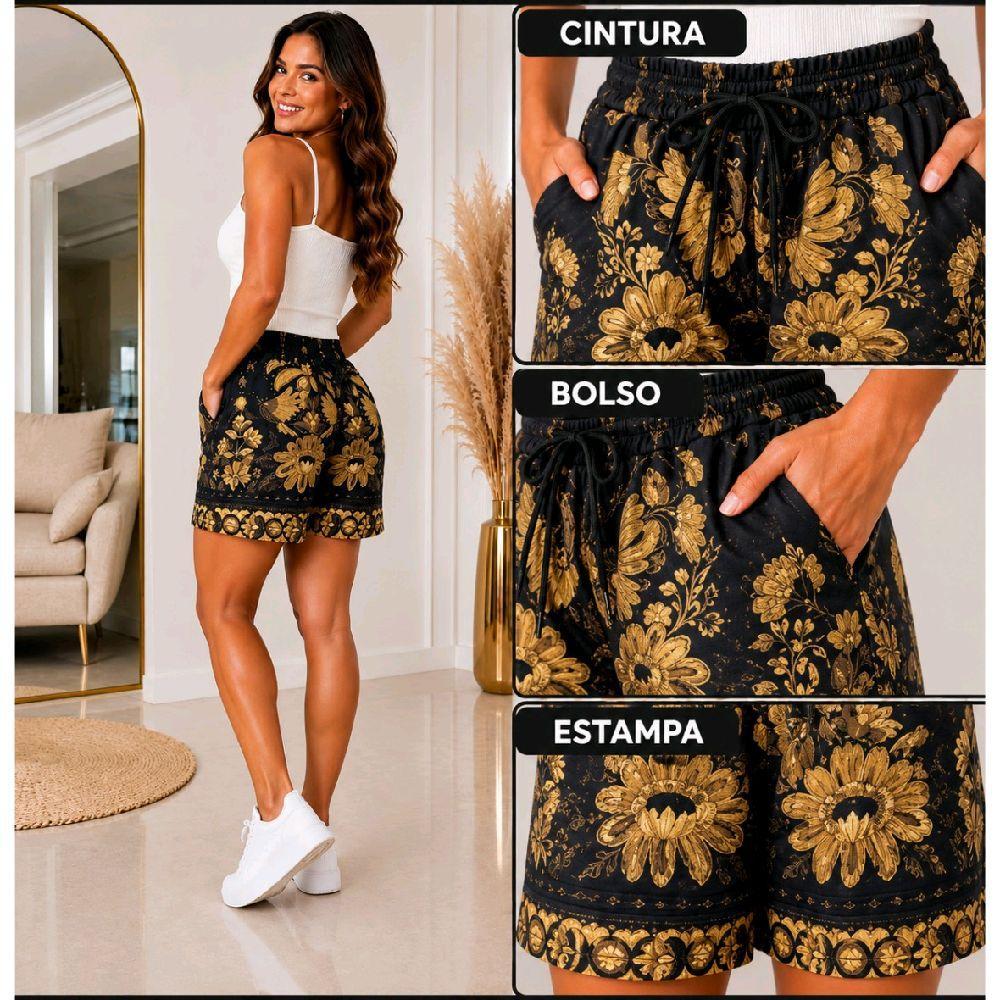 Kit com 2 Short Feminino Soltinho Estampado e Liso Cintura Alta Com Elástico e Bolsos Casual Verão Confortável