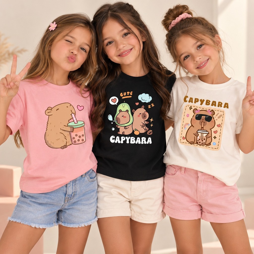 Kit 3 Blusinhas Infantil Feminina Capivara 100% Algodão Camisetas Estampadas Menina Casual Divertida