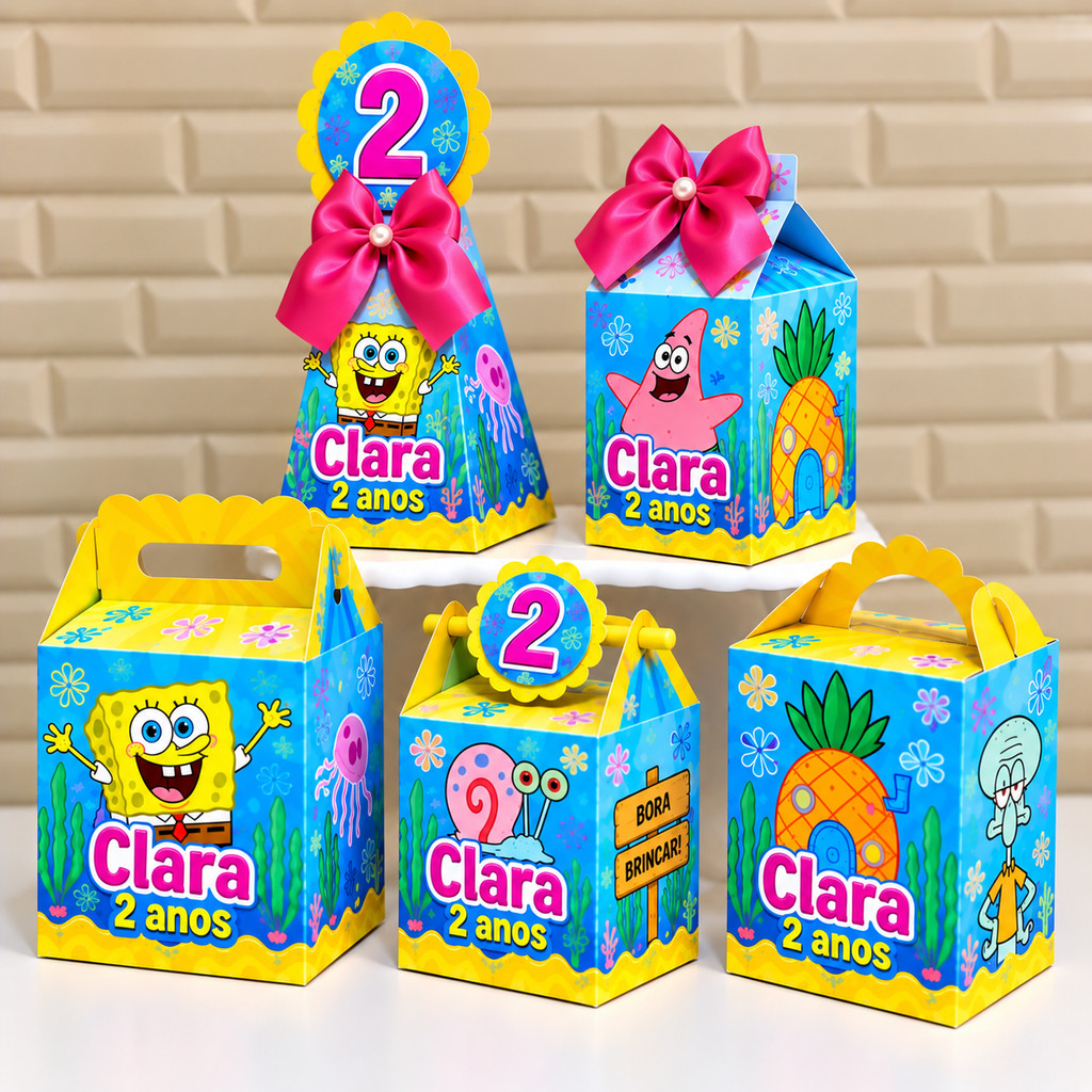 Kit de Caixa Bob Esponja Personalizada / Pegue e Monte / Festa Infantil / Lembrancinha de Aniversario / Kit Festa