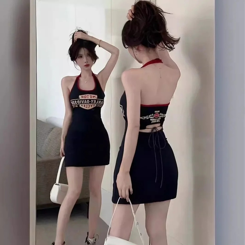 Vestido com suspensório e estampa halter para mulheres, saia americana de verão, modelagem slim, saia justa modeladora, 