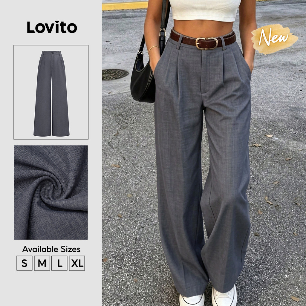 (New Arrival) Lovito Calças Cinza Femininas Elegantes Cintura Alta Pernas Largas zíper E botão Casuais Para Trabalho PTB39BR020